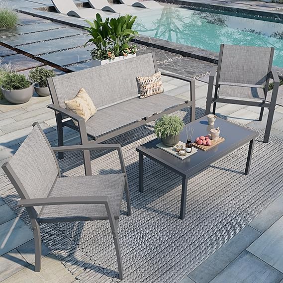 4-Piece Outdoor Patio Furniture Set with Glass Coffee Table