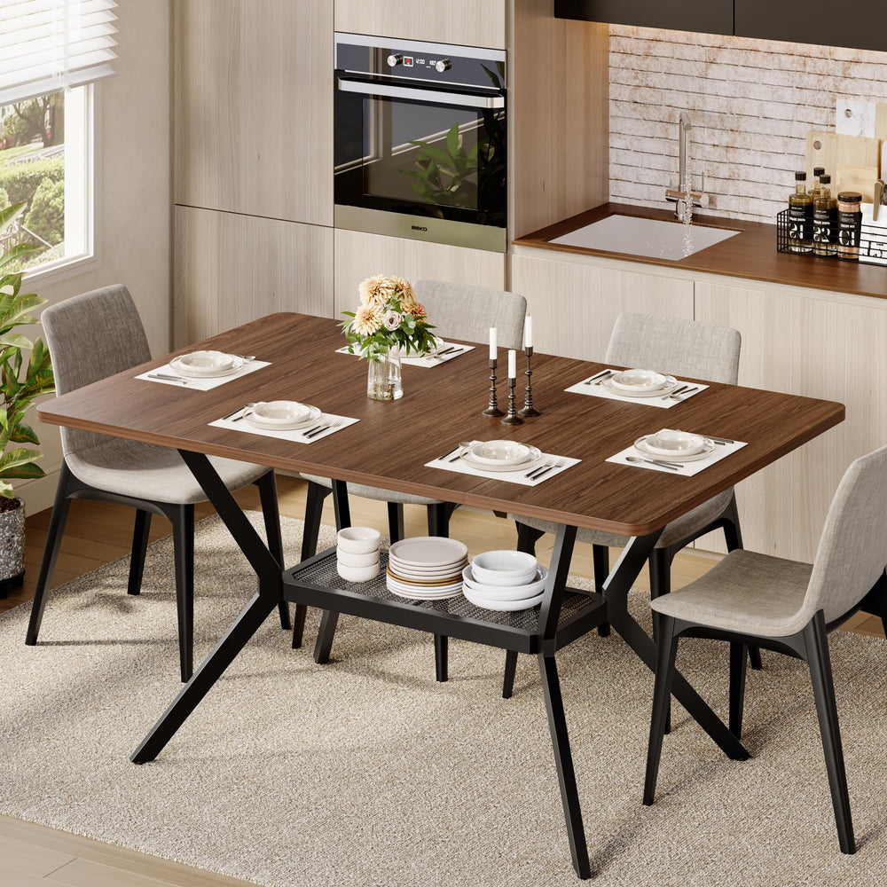 55-Inch Rectangular Dining Table with Storage Shelf and Metal Legs