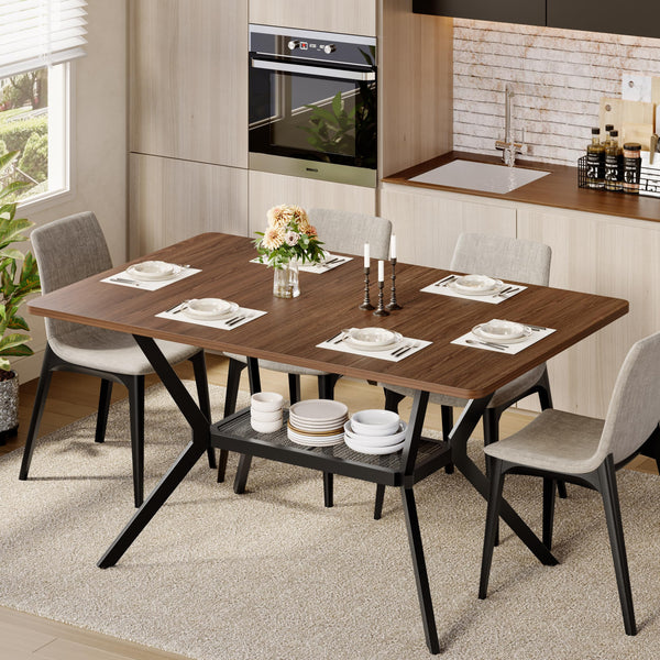 55-Inch Rectangular Dining Table with Storage Shelf and Metal Legs