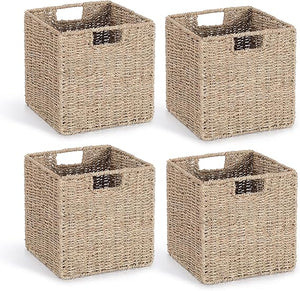 Foldable Water Hyacinth Storage Baskets for Cube Shelves – Set of 4