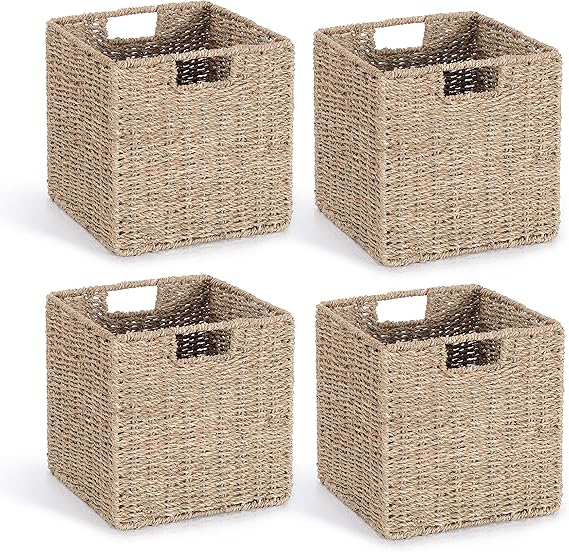 Foldable Water Hyacinth Storage Baskets for Cube Shelves – Set of 4