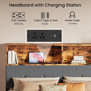 Queen Upholstered Headboard with Storage, LED Light & Charging Station
