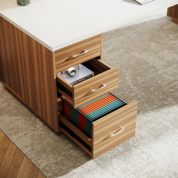 L-Shaped Executive Office Desk with File Drawers & Storage Cabinet