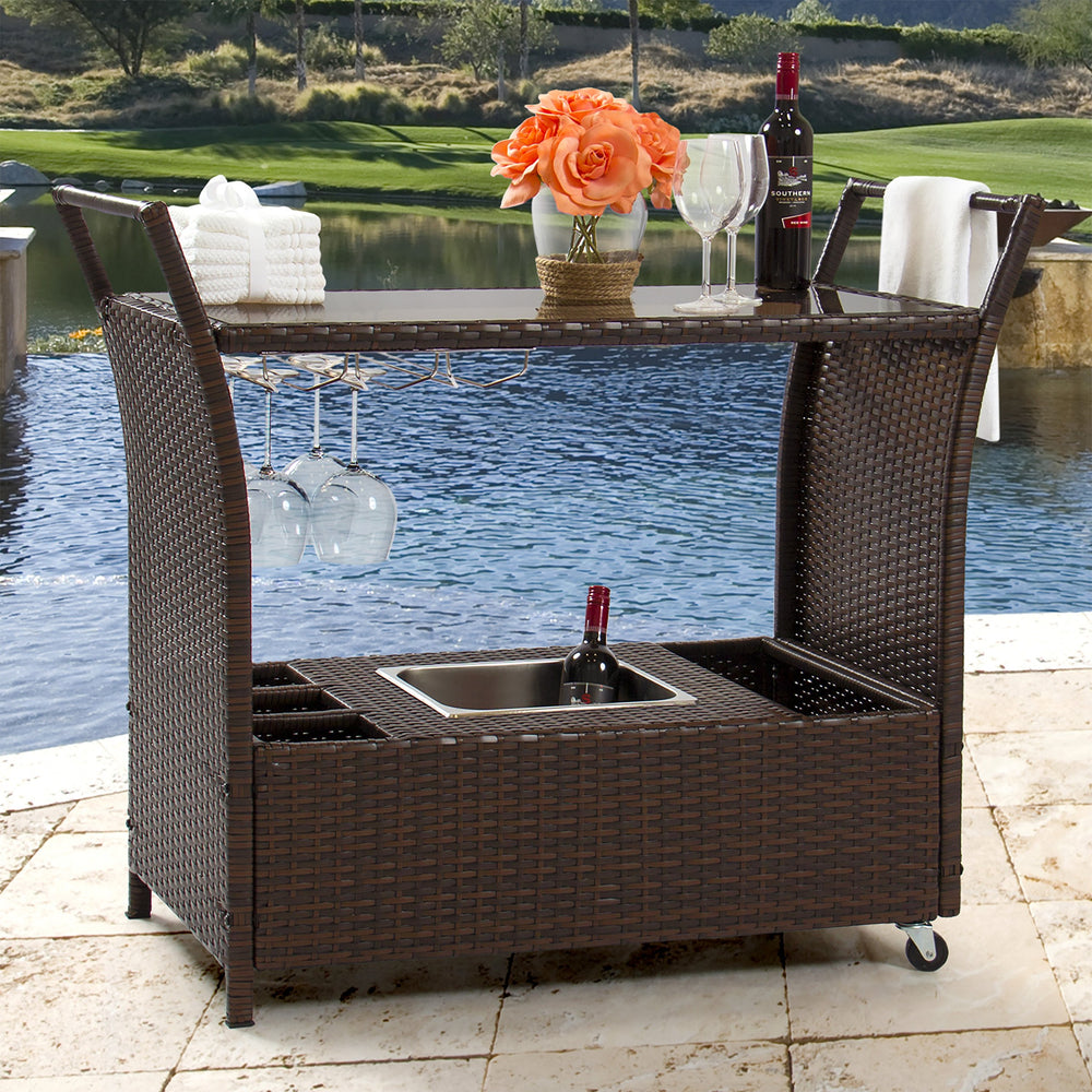 Rolling Wicker Bar Cart with Ice Bucket & Glass Top
