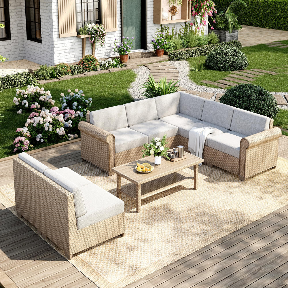 Modular Outdoor Wicker Sectional Sofa Set with Cushions & Coffee Table