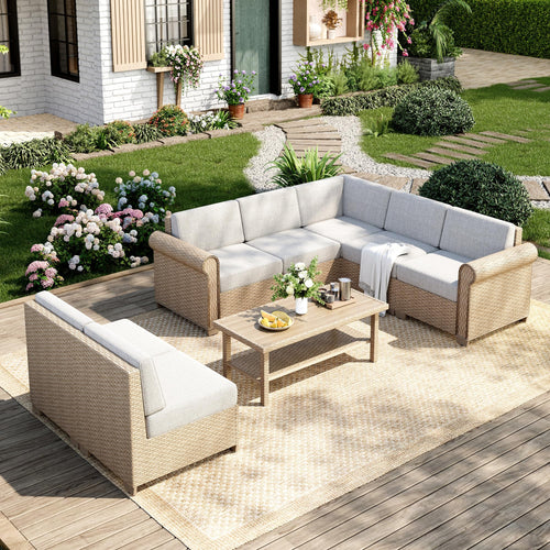 Modular Outdoor Wicker Sectional Sofa Set with Cushions & Coffee Table