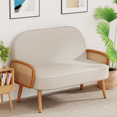 45" Faux Leather Loveseat with Natural Rattan Arms – Beige