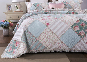 Cottage Patchwork Quilt Set – Mint Blue Pastel Floral