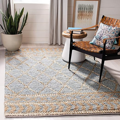 Hand-Woven Jute Area Rug – Natural & Blue Boho Moroccan Trellis