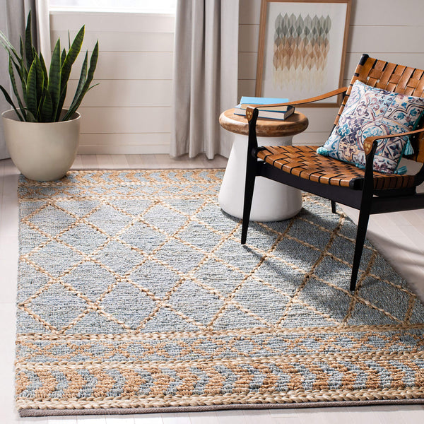 Hand-Woven Jute Area Rug – Natural & Blue Boho Moroccan Trellis