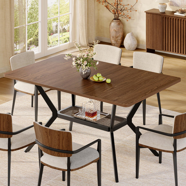 55-Inch Rectangular Dining Table with Storage Shelf and Metal Legs