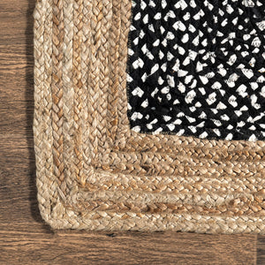 6' Round Black Geometric Cotton Jute Area Rug