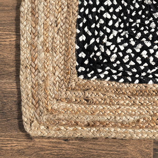 6' Round Black Geometric Cotton Jute Area Rug