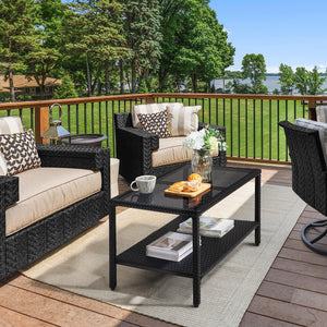 Rattan Wicker Coffee Table with Tempered Glass Top