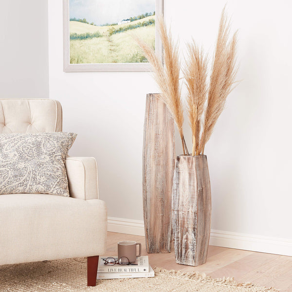Tall Oblong Wooden Vases – Set of 2, White Washed, Large & Small