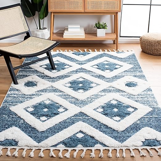 Moroccan Tassel Shag Area Rug 5'3" x 7'6" – Boho Diamond Trellis, Non-Shedding Plush Pile