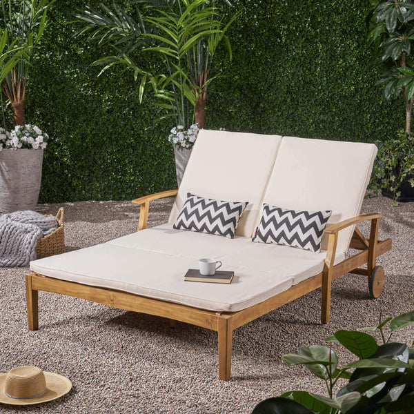 Outdoor Double Chaise Lounge – Acacia Wood Frame with Cream Cushions