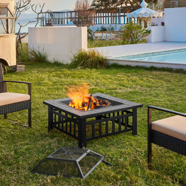 32-Inch Square Metal Outdoor Fire Pit with Spark Guard