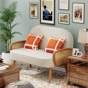 45" Faux Leather Loveseat with Natural Rattan Arms – Beige