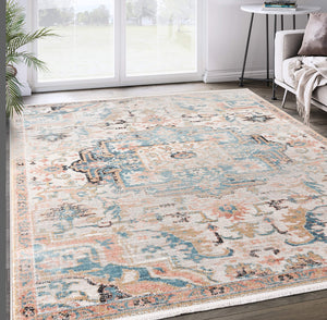 Persian Area Rug – Faded Beige & Blue, Vintage Style, Power-Loomed