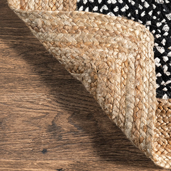 6' Round Black Geometric Cotton Jute Area Rug