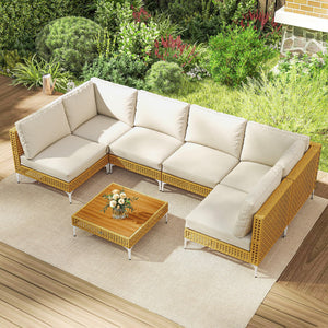 7-Piece Wicker Outdoor Sectional Patio Set with Cushions & Acacia Wood Table