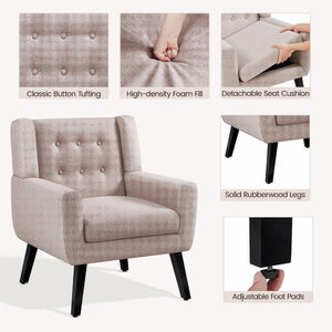 Mid-Century Modern Accent Chair – Button Tufted, Beige Linen