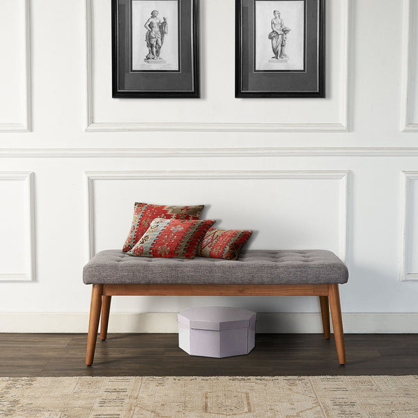 Mid-Century Wood Dining Bench with Tufted Cushion