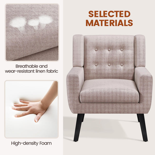 Mid-Century Modern Accent Chair – Button Tufted, Beige Linen