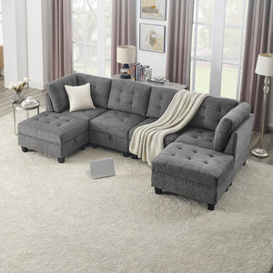 U-Shape Modular Sectional Sofa with Ottoman – Grey Chenille