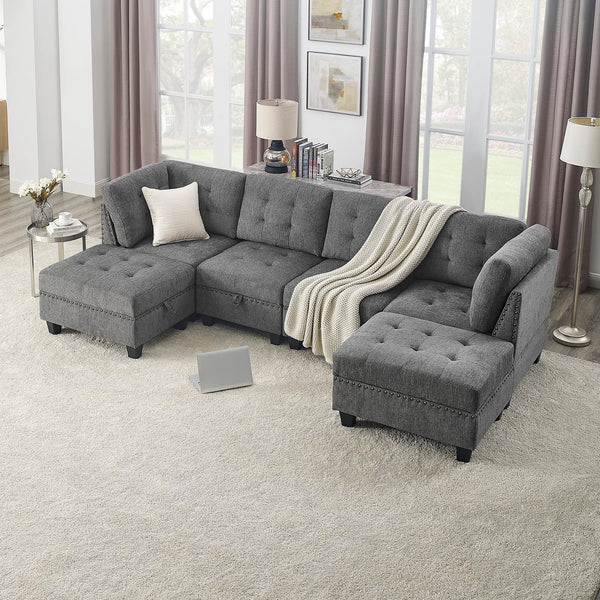 U-Shape Modular Sectional Sofa with Ottoman – Grey Chenille