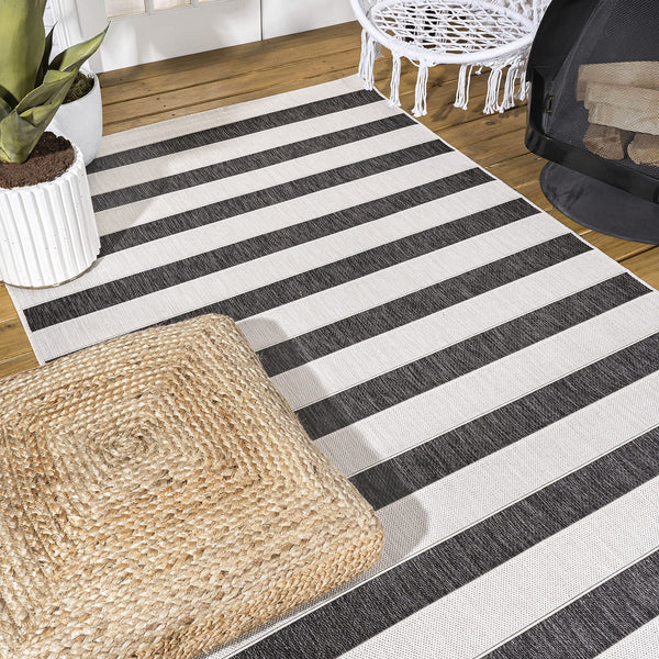 Indoor Outdoor Striped Area Rug 8x10 – Low Pile, Pet-Friendly, UV-Resistant