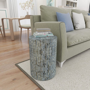 Mother of Pearl Mosaic Cylinder Side End Table, Light Blue, 14" x 14" x 20"