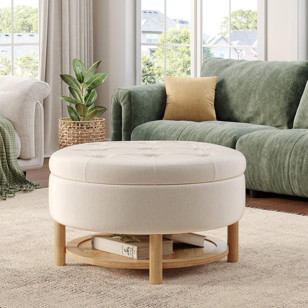 Round Velvet Storage Ottoman with Lift-Off Lid