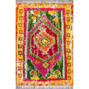 Moroccan Shag Area Rug – Multi-Color Trellis, Power-Loomed Polypropylene