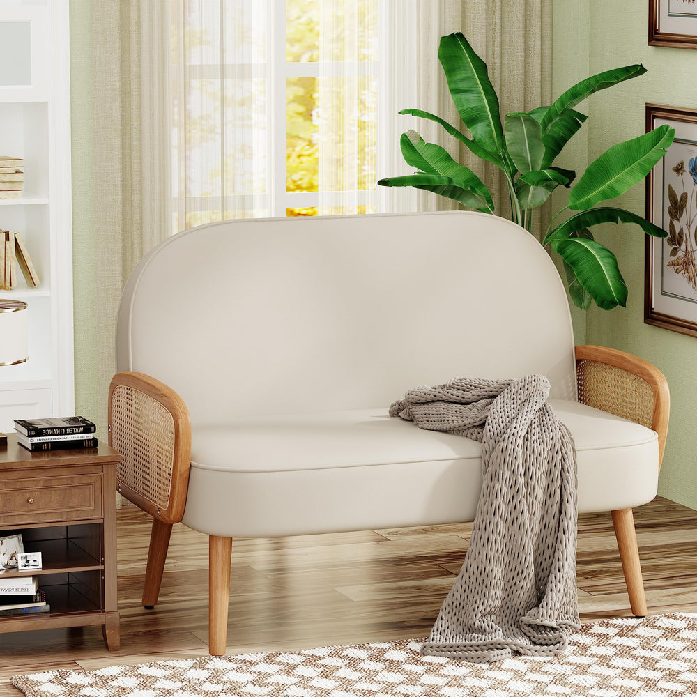 45" Faux Leather Loveseat with Natural Rattan Arms – Beige