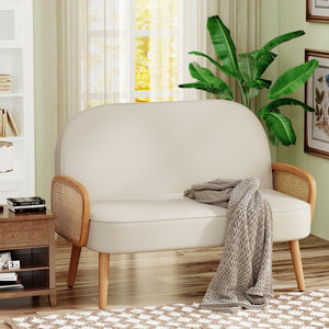 45" Faux Leather Loveseat with Natural Rattan Arms – Beige