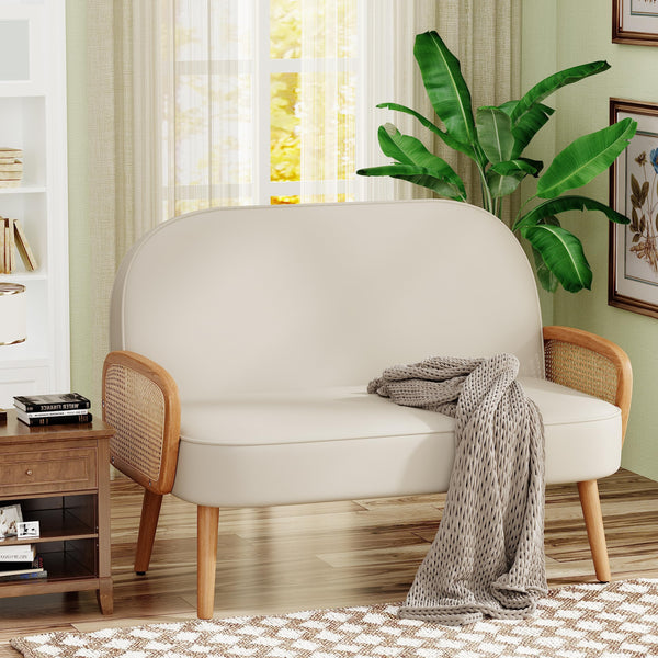 45" Faux Leather Loveseat with Natural Rattan Arms – Beige