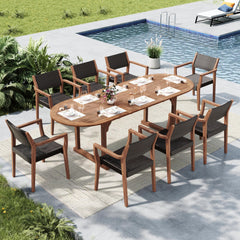 9-Piece Outdoor Patio Dining Set – Expandable Acacia Wood Table & Rattan Chairs