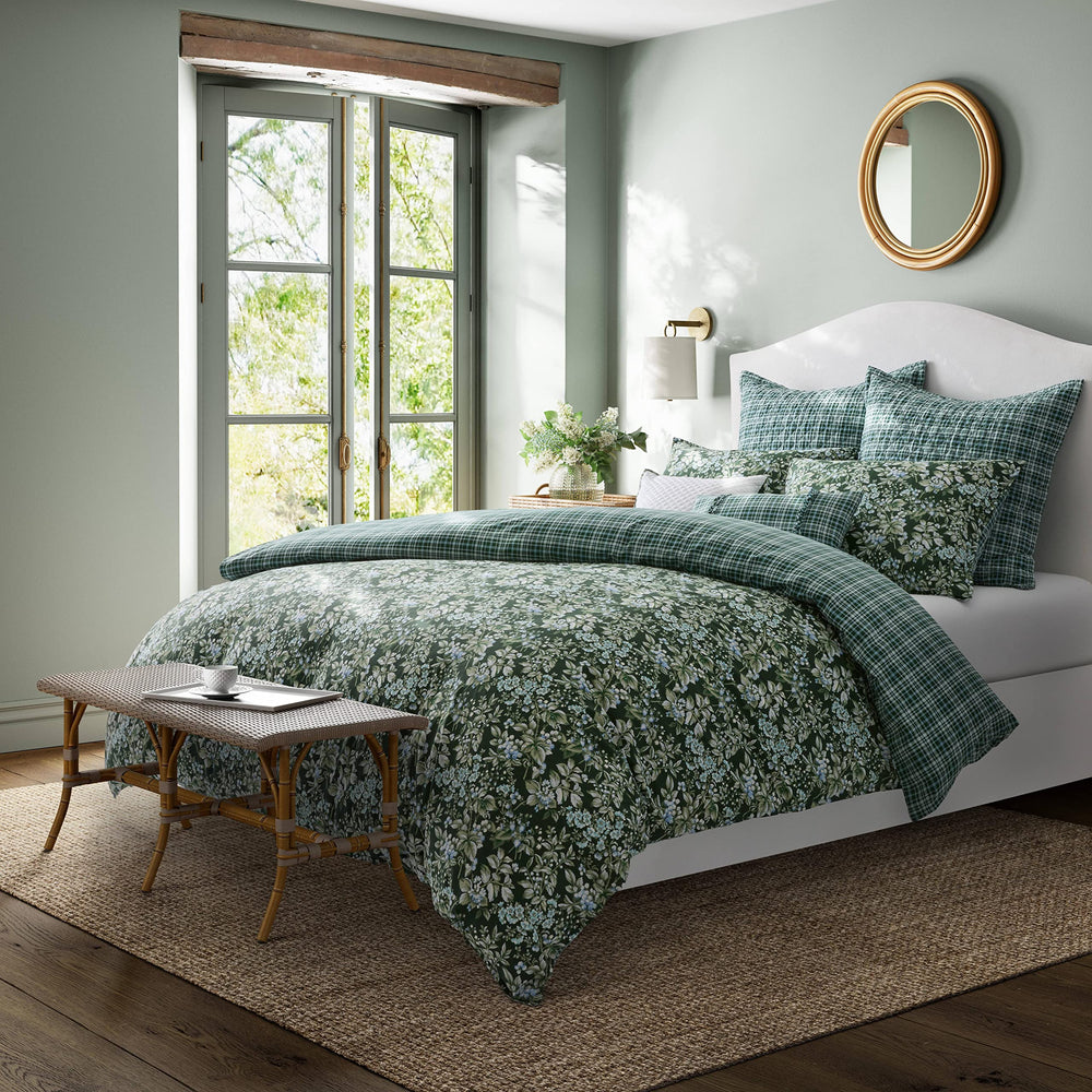 King Comforter Set 7-Piece Cotton Bedding – Reversible Floral Green