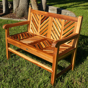 Teak Wood Outdoor Bench with Chevron Backrest