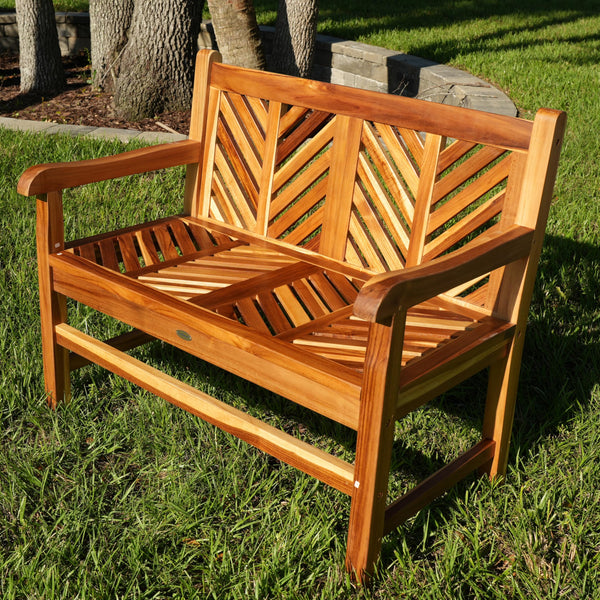 Teak Wood Outdoor Bench with Chevron Backrest