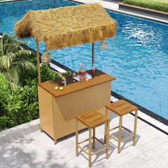 Hawaiian Outdoor Bar Table and Stools Set – 3-Piece Patio Bar Set with PE Grass Canopy