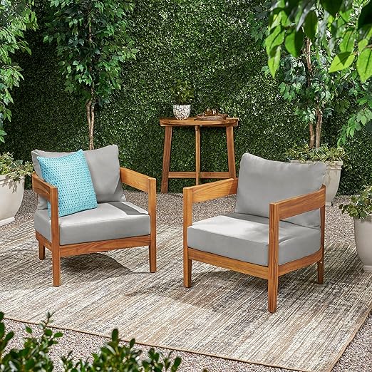 Acacia Wood Outdoor Club Chair Set of 2 with Water-Resistant Cushions