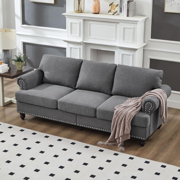 Modern 3-Seat Sofa with Round Armrests – Grey