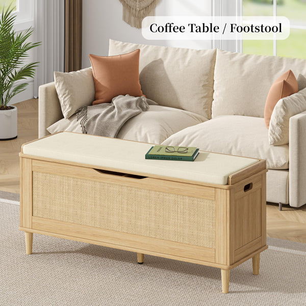 Keehusux 47.2" Rattan Storage Chest with Padded Seat Cushion, Extra Large Storage Bench with 2 Safety Hinges, Storage Trunk with Solid Wood Legs & Rounded Corners for Entryway, Bedroom, Natural Oak