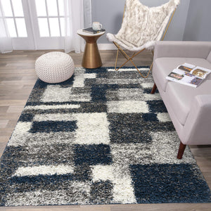 Navy Geometric Shag Area Rug — Plush Polypropylene, Non-Shedding, Multiple Sizes