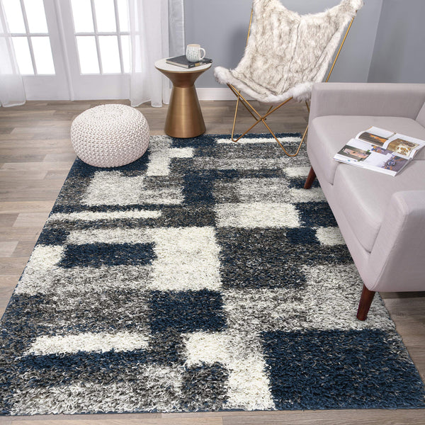 Navy Geometric Shag Area Rug — Plush Polypropylene, Non-Shedding, Multiple Sizes