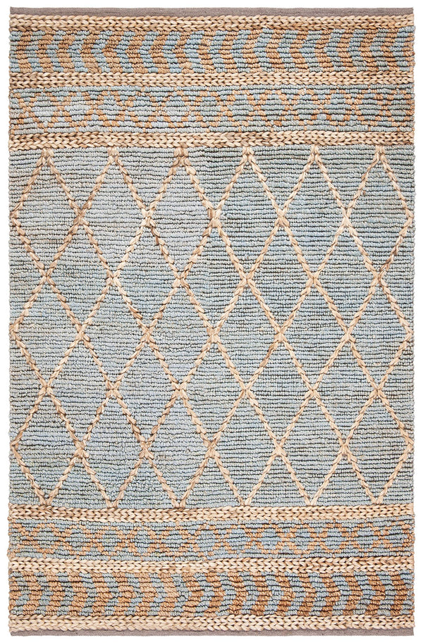 Hand-Woven Jute Area Rug – Natural & Blue Boho Moroccan Trellis