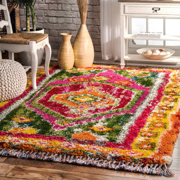 Moroccan Shag Area Rug – Multi-Color Trellis, Power-Loomed Polypropylene